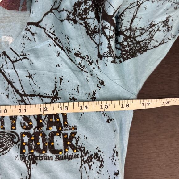 Christian Audigier Crystal Rock Top Womens Large Crane Blossom Y2K Tunic Shirt - Picture 11 of 13